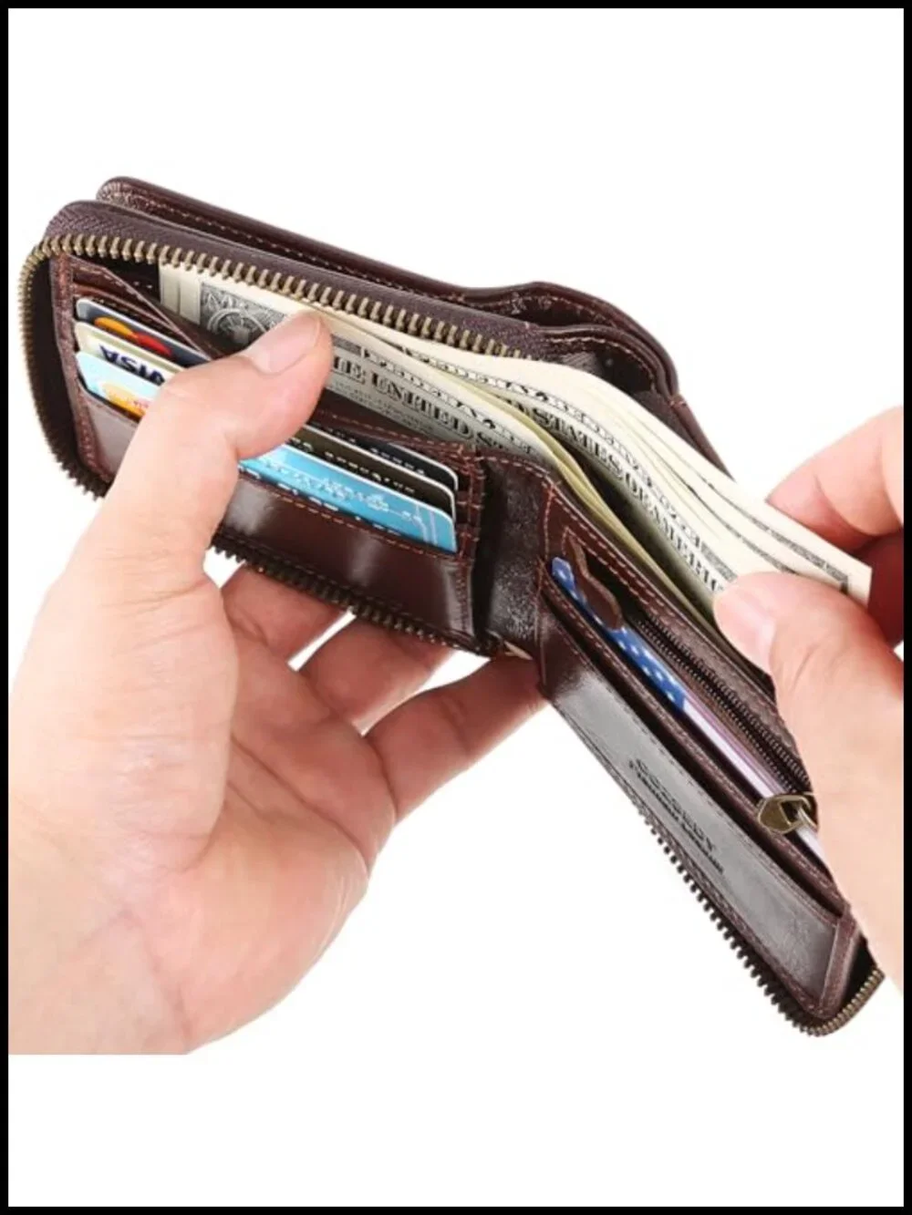 RFID Blocking Leather Bifold Wallet with Chain, 18 Card Slots, Genuine Cowhide